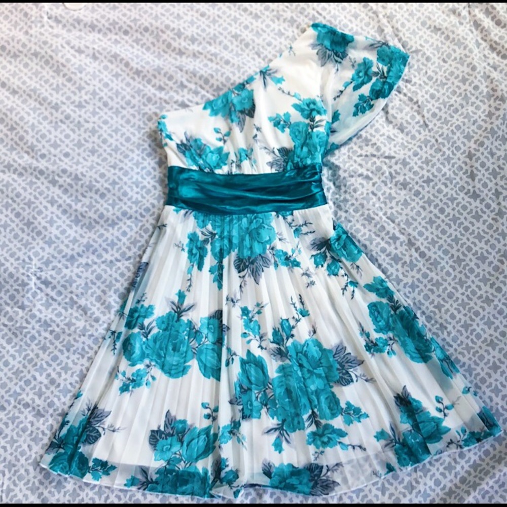 One shoulder, aqua blue/green a-line dress